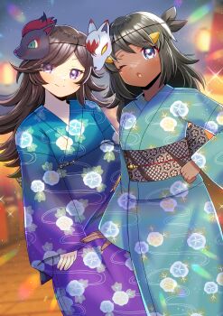Rule 34 | 2girls, :o, absurdres, black hair, blue kimono, blurry, blurry background, brown hair, closed mouth, commentary, commission, commissioner upload, dark-skinned female, dark skin, english commentary, floral print, floral print kimono, fran (arachnos), gen 5 pokemon, green kimono, grey eyes, highres, hisuian zoroark, japanese clothes, kimono, kou hiyoyo, long hair, long sleeves, looking at viewer, mask, mask on head, multiple girls, nintendo, obi, one eye closed, open mouth, original, outdoors, pokemon, pokemon infinite fusion, print kimono, purple eyes, rhea (stryker324), sash, skeb commission, smile, split mouth, yukata, zoroark