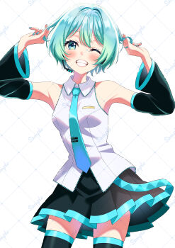 Rule 34 | 1girl, absurdres, alternate hair length, alternate hairstyle, aqua eyes, aqua hair, aqua nails, aqua necktie, bare shoulders, black skirt, black thighhighs, blush, breasts, collared shirt, commentary request, cowboy shot, detached sleeves, eyelashes, fingernails, hachi8 hachi, hatsune miku, highres, holding, holding own hair, nail polish, necktie, one eye closed, shirt, short hair, skirt, smile, teeth, thighhighs, vocaloid, watermark, watermark grid, white background, white shirt