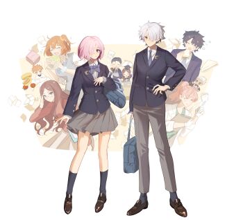 absurdres alternate_costume archer_(fate) black_hair blazer bow bowtie bread brown_hair emiya_shirou fate/grand_order fate_(series) food fujimaru_ritsuka_(female) fujimaru_ritsuka_(male) galahad_(fate) highres holding holding_food holding_removed_eyewear jacket lab_coat leonardo_da_vinci_(caster)_(fate) leonardo_da_vinci_(fate) leonardo_da_vinci_(fate/grand_order) leonardo_da_vinci_(rider)_(fate) marimo marimo_(nogdujeon) mash_kyrielight necktie one_eye_covered open_mouth orange_hair ponytail purple_hair romani_archaman school_uniform sherlock_holmes_(fate) side_ponytail skirt smile socks tomato unworn_eyewear white_hair