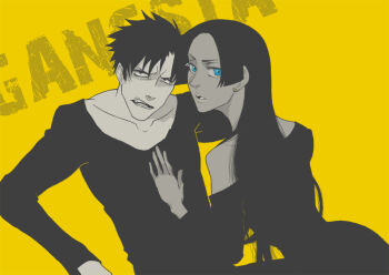 Rule 34 | 1boy, 1girl, alex benedetto, annoyed, bare shoulders, black dress, black hair, black shirt, blue eyes, collarbone, copyright name, cowboy shot, dress, facing another, familywain, furrowed brow, gangsta, greyscale with colored background, hand on another's chest, high contrast, invisible chair, leaning on person, long hair, long sleeves, looking at viewer, looking back, mature female, mature male, nicolas brown, open mouth, parted hair, shirt, short hair, sitting, spot color, turning head, yellow background