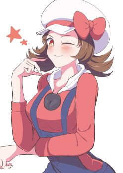 1girl ;) absurdres alternate_eye_color blue_overalls blush bow breasts brown_hair closed_mouth female_focus hat highres leaning_forward lyra_(pokemon) medium_hair newsboy_cap nintendo one_eye_closed overalls pokemon pokemon_hgss red_bow red_eyes red_shirt shirt sidelocks simple_background small_breasts smile solo star_(symbol) twintails white_background white_hat yuki_nagisaa