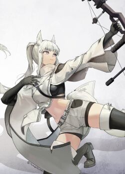 1girl absurdres animal_ear_fluff animal_ears arknights bike_shorts bike_shorts_under_shorts black_gloves boots bow_(weapon) breasts compound_bow facial_scar gloves grey_eyes highres holding holding_bow_(weapon) holding_weapon horse_ears horse_girl horse_tail jacket long_hair midriff navel platinum_(arknights) ponytail scar scar_on_cheek scar_on_face shorts solo tail tamago_ebi thigh_boots torn_clothes twitter_username weapon white_hair white_jacket white_shorts