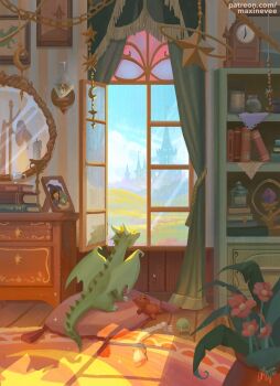 analog_clock ball black_hat blue_sky book book_stack bookshelf candle candlestand castle chest_of_drawers chew_toy claws clock cloud coat_rack commentary curtains day dragon flag flower gem grass green_scales hat hat_ribbon hill horns indoors jar looking_outside maxine_vee mini_wings mirror mobile no_humans open_window original palace patreon_username picture_frame pillow plant potted_plant purple_gemstone red_flower red_ribbon ribbon rug signature sitting_on_pillow sky small_dragon stained_glass stuffed_animal stuffed_toy teddy_bear tennis_ball unworn_hat unworn_headwear wall_lamp window window_shadow wings witch_hat wooden_floor