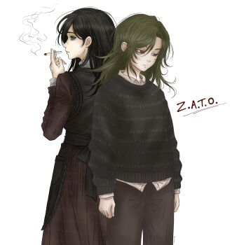 Rule 34 | 2girls, absurdres, apron, arms at sides, back-to-back, bags under eyes, black apron, black hair, black sweater, brown dress, brown eyes, brown pants, cigarette, closed mouth, commentary, copyright name, curtained hair, dress, empty eyes, fingernails, green eyes, green hair, hand up, hashtag-only commentary, highres, holding, holding cigarette, ira grachevskaya, long hair, long sleeves, looking down, marina kaplan, multiple girls, pants, school uniform, simple background, smoke, smoking, souel, soviet school uniform, sweater, turning head, white background, z.a.t.o. // i love the world and everything in it