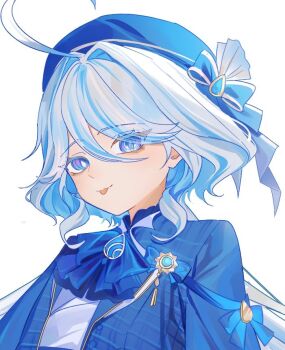 Rule 34 | 1girl, :p, ahoge, ascot, blue ascot, blue eyes, blue gem, blue hair, blue pupils, blver, commentary, furina (genshin impact), gem, genshin impact, hair between eyes, heterochromia, long hair, looking at viewer, simple background, solo, tongue, tongue out, unfinished, upper body, white background, white hair