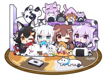 4girls :3 :d ;d ahoge animal_ear_fluff animal_ears black_hair black_hoodie black_shirt blue_eyes blush brown_eyes brown_hair cat_ears cat_girl cat_tail chibi chibi_only closed_mouth commentary_request controller couch dog_ears dog_girl dog_tail fox_ears fox_girl fox_tail game_controller hair_between_eyes highres holding holding_controller holding_game_controller hololive hood hoodie indoors inugami_korone jacket listener_(inugami_korone) long_hair long_sleeves multicolored_hair multiple_girls muuran nekomata_okayu one_eye_closed onigirya_(nekomata_okayu) ookami_mio open_mouth oruyanke_(shirakami_fubuki) playing_games purple_eyes purple_hair red_socks red_streaks shirakami_fubuki shirt short_hair simple_background sitting smile socks streaked_hair sukonbu_(shirakami_fubuki) tail twitter_username virtual_youtuber white_background white_hair wide_sleeves wolf_ears wolf_girl yellow_eyes yellow_jacket
