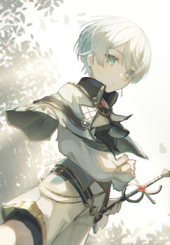 1girl aqua_eyes ascot closed_mouth commentary_request earrings eyelashes grey_ascot highres holding holding_weapon jewelry ktori leaf project_sekai short_hair solo very_short_hair weapon white_hair yoisaki_kanade