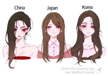 3girls asymmetrical_bangs black_hair blush brown_hair cropped_shoulders dress english_text eyelashes eyeshadow half-closed_eyes long_hair looking_at_viewer lubya makeup multiple_girls off-shoulder_sweater off_shoulder original parted_bangs parted_lips red_dress red_eyeshadow red_lips red_sweater shirt simple_background smile strapless strapless_dress sweater white_background white_shirt