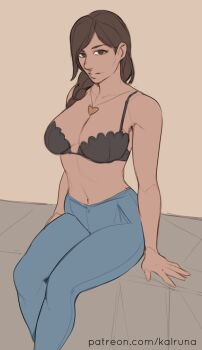 1girl black_bra blue_pants bra brown_hair jewelry kalruna original pants pendant solo underwear