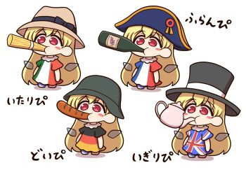 american_flag_legwear blonde_hair blush_stickers bottle chibi clownpiece commentary_request dress fairy_wings flag_print food french_flag german_flag german_flag_print hat helmet highres italian_flag italian_flag_print long_hair neck_ruff pantyhose red_eyes sausage shitacemayo short_sleeves simple_background striped_clothes striped_dress teapot top_hat touhou translation_request transparent_wings union_jack very_long_hair white_background wine_bottle wings