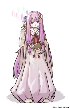 1girl :&lt; absurdres alternate_costume artist_name book bow brown_dress closed_mouth commentary_request crescent crescent_hair_ornament dated dress full_body hair_bow hair_ornament highres holding holding_book holding_wand long_hair long_sleeves looking_at_viewer one-hour_drawing_challenge open_book patchouli_knowledge purple_eyes purple_hair red_bow shoes simple_background solo touhou ve1024 very_long_hair wand white_background