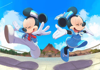 1boy 1girl animal_ears bow disney dress gamorangetana gloves high_heels highres looking_at_viewer mickey_mouse mickey_mouse_&amp;_friends minnie_mouse mouse_ears mouse_girl pants shirt shoes smile white_gloves