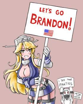 2girls abyssal_ship admiral_paru american_flag black_lives_matter blonde_hair blue_eyes blue_shirt blue_skirt blush breasts brown_background cleavage colored_skin commentary cowboy_shot elbow_gloves english_commentary garter_straps gloves grin highres holding holding_sign iowa_(kancolle) kantai_collection large_breasts long_hair looking_at_viewer miniskirt multiple_girls navel northern_ocean_princess politics red_eyes shirt sign simple_background skirt sleeveless sleeveless_shirt smile star-shaped_pupils star_(symbol) symbol-shaped_pupils thighhighs tied_shirt two-tone_skirt white_gloves white_skin white_skirt