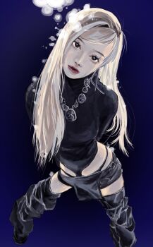 11110o0 1girl aespa black_eyeliner black_shirt black_shorts blonde_hair blue_background closed_mouth commentary eyeliner highres leg_warmers long_hair long_sleeves makeup mascara shirt shorts simple_background solo swept_bangs winter_(aespa)