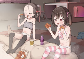 1boy 2girls age_difference black_thighhighs brown_hair camisole cracker eating food grey_camisole hetero indoors loli mesugaki multiple_girls original panties short_twintails sitting sitting_on_face sitting_on_person striped_clothes striped_thighhighs thighhighs twintails underwear underwear_only white_camisole white_panties yappariga