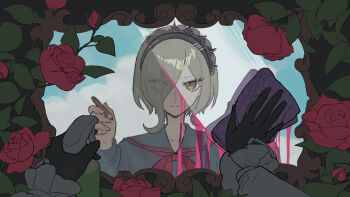 1girl black_gloves black_hairband blood blood_drip blue_sailor_collar blue_shirt cleaning closed_mouth collarbone commentary danganronpa_(series) danganronpa_v3:_killing_harmony different_reflection english_commentary expressionless eyes_visible_through_hair female_pov flower frilled_sleeves frills gloves green_eyes grey_hair hair_over_one_eye hairband highres holding holding_pencil holding_rag kouzidaren lace-trimmed_hairband lace_trim long_sleeves mirror neckerchief o-ring official_alternate_costume pencil pink_blood pov red_flower red_neckerchief red_rose reflection rose sailor_collar school_uniform serafuku shirt short_hair sleeves_past_wrists straight-on tojo_kirumi upper_body white_shirt