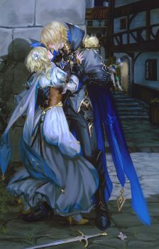 2girls 3boys absurdres aether_(genshin_impact) ahoge bard beret black_gloves blonde_hair blue_cape blue_hair blush brick_wall brother_and_sister brown_corset building cape capelet collared_cape commentary_request corset dainsleif_(genshin_impact) dress floating flower genshin_impact gloves green_cape green_capelet green_hat green_shorts hair_flower hair_ornament hair_over_eyes halo hat high_collar high_heels highres holding_another&#039;s_wrist hug lluluchwan looking_at_another looking_down looking_up lumine_(genshin_impact) mask mechanical_halo multiple_boys multiple_girls mystical_high_collar outdoors paimon_(genshin_impact) short_hair short_hair_with_long_locks shorts siblings stairs standing sword venti_(genshin_impact) weapon white_dress