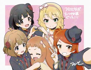 5girls :d ^_^ aayh black_hat black_jacket black_necktie blonde_hair border brown_eyes brown_hair closed_eyes collarbone commentary_request flower green_eyes grey_border grin hair_flower hair_ornament hairband hand_up hat heart heart_hands heart_hands_duo ichihara_nina idolmaster idolmaster_cinderella_girls idolmaster_cinderella_girls_u149 idolmaster_million_live! in-franchise_crossover jacket long_hair multiple_girls nakatani_iku necktie ogami_tamaki one_side_up open_clothes open_jacket open_mouth pink_background pink_hairband plaid_clothes plaid_shirt red_flower red_rose red_shirt rose sakurai_momoka shirt smile suou_momoko tilted_headwear tintme! translation_request very_long_hair wrist_cuffs