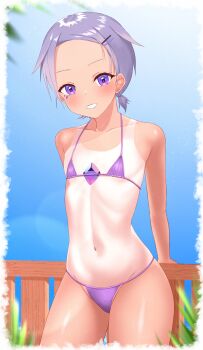 1girl absurdres bikini blue_sky chest_jewel commentary day eka_kinoko flat_chest gem grey_hair highres hololive hololive_english jewel_under_eye koseki_bijou loli looking_at_viewer micro_bikini navel one-piece_tan outdoors purple_eyes purple_gemstone short_hair short_twintails sky solo swimsuit tan tanline twintails virtual_youtuber