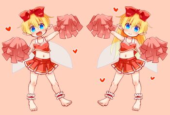 2girls ankle_garter barefoot blue_eyes blush bow cheerleader crop_top fairy fairy_wings fang feet full_body hair_bow heart highres kso long_hair looking_at_viewer midriff multiple_girls navel original pink_background pointy_ears pom_pom_(cheerleading) red_bow red_skirt short_hair simple_background skirt smile wings