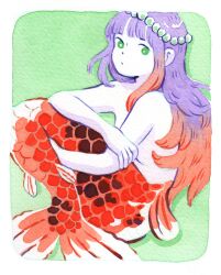 Rule 34 | 1girl, bare shoulders, border, colored skin, flat chest, gradient hair, green background, green eyes, heikala, highres, holding own arm, knees up, light green background, limited palette, looking at viewer, mermaid, monster girl, multicolored hair, original, painting (medium), pearl hair ornament, purple hair, red hair, red tail, sitting, solo, traditional media, watercolor (medium), white border, white skin