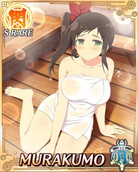 1girl barefoot border breasts brown_hair card_(medium) character_name closed_mouth game_cg green_eyes hair_ribbon large_breasts light_blush long_hair looking_at_viewer murakumo_(senran_kagura) naked_towel official_art onsen red_ribbon ribbon senran_kagura senran_kagura_new_wave side_ponytail skindentation smile solo steam third-party_source towel wet wet_towel