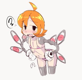1girl ? ahoge alternate_costume bichosan bikini blush cowboy_shot cropped_legs cyborg drawfag gloves hands_on_own_hips leaning_forward loli micro_bikini navel open_mouth orange_hair peacock_(skullgirls) sharp_teeth short_hair sketch skullgirls solo swimsuit teeth