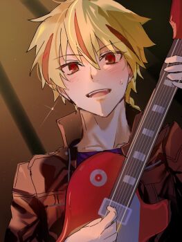 Rule 34 | 1boy, blonde hair, blue shirt, blush, braid, brown jacket, collared jacket, commentary request, electric guitar, fate/strange fake, fate (series), guitar, highres, holding, holding guitar, holding instrument, instrument, jacket, male focus, multicolored hair, open clothes, open jacket, open mouth, popped collar, red hair, richard i (fate), shirt, smile, solo, streaked hair, sweatdrop, upper body, wpkgt