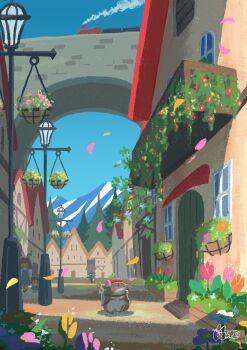 ainetakada animal animal_focus backpack bag beret blue_sky building commentary_request day door dress flower green_dress hat highres lamppost mountain mouse_(animal) no_humans original outdoors pink_flower purple_flower sky town window