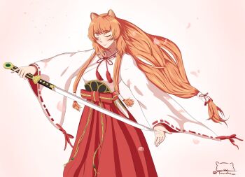 1girl animal_ear_fluff animal_ears artist_name blunt_bangs breasts brown_hair closed_eyes closed_mouth collarbone commentary commission cowboy_shot english_commentary eyelashes floating_hair hair_tubes hakama hakama_skirt hands_up highres holding holding_sword holding_weapon japanese_clothes katana kosode long_hair long_sleeves miko neck_tassel ponytail raccoon_ears raccoon_girl raised_eyebrows raphtalia red_hakama red_ribbon red_sash red_skirt ribbon ribbon-trimmed_sleeves ribbon_trim sash signature simple_background skirt small_breasts smile solo standing swept_bangs sword tacochu tassel tate_no_yuusha_no_nariagari twitter_username vassal_katana_(tate_no_yuusha_no_nariagari) vassal_katana_(white_tiger_katana)_(tate_no_yuusha_no_nariagari) weapon white_background white_kosode wide_sleeves