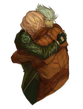 2boys black_coat black_gloves brothers closed_eyes clothing_cutout coat commentary cropped_torso dante_(devil_may_cry) devil_may_cry_(series) devil_may_cry_5 english_commentary fingerless_gloves glove_cutout gloves hair_slicked_back highres hug male_focus multiple_boys mutual_hug red_coat short_hair siblings simple_background twins vergil_(devil_may_cry) vetamora white_background white_hair