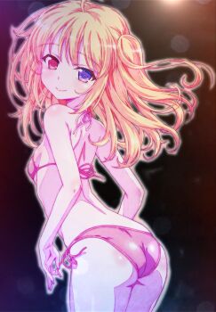 1girl ass bare_shoulders bikini black_background blonde_hair blue_eyes blush boku_wa_tomodachi_ga_sukunai breasts closed_mouth commentary_request cosplay from_behind gradient_background hasegawa_kobato heterochromia highres kigurumi lens_flare long_hair looking_at_viewer looking_back median_furrow pink_bikini purple_eyes red_eyes revision shoulder_blades side-tie_bikini_bottom small_breasts smile solo string_bikini swimsuit two_side_up untying watanabe_yoshihiro