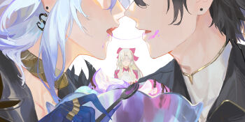 1boy 2girls absurdres after_kiss black_hair blue_nails bow carlotta_(wuthering_waves) chinese_commentary commentary_request earrings fingernails food galbrena_(wuthering_waves) gold_choker grey_hair hair_bow highres holding holding_spoon ice_cream jewelry long_hair male_rover_(wuthering_waves) multiple_girls mutation netorare no_eyes open_mouth partially_shaded_face pink_bow rover_(wuthering_waves) saliva saliva_trail sidelocks spoon sundae very_long_fingernails world_(1257843324) wuthering_waves