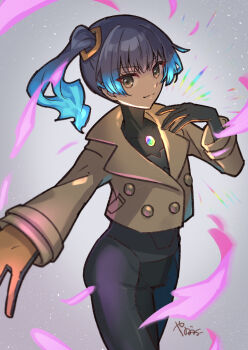 1girl aura black_bodysuit blue_hair bodysuit bodysuit_under_clothes brown_coat brown_eyes closed_mouth coat commentary_request cosplay cropped_coat dark-skinned_female dark_skin emma_(pokemon) emma_(pokemon)_(cosplay) fiery_hair grey_background highres looking_at_viewer nintendo pokemon pokemon_legends:_z-a sena_(xenoblade) side_ponytail signature smile solo standing xenoblade_chronicles_(series) xenoblade_chronicles_3 yanagimachi