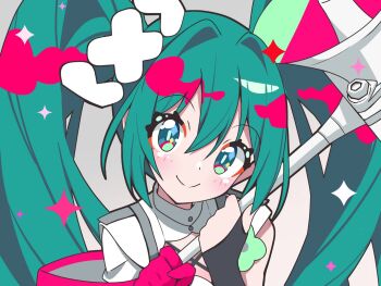 1girl asymmetrical_gloves black_gloves blush closed_mouth commentary_request double-parted_bangs fuusen_neko gloves goodsmile_company goodsmile_racing green_eyes green_hair grey_background hair_between_eyes hair_intakes hatsune_miku holding holding_megaphone long_hair looking_at_viewer megaphone mismatched_gloves pink_gloves portrait racing_miku racing_miku_(2025) shirt simple_background smile solo twintails vocaloid white_shirt
