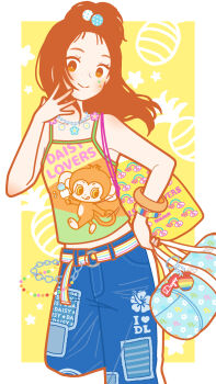 1girl bag belt blue_pants bright_pupils brown_eyes chain food_print hand_on_own_hip heisei_retro highres holding holding_bag ice_cream_print jewelry jojifuku long_hair looking_at_viewer monkey necklace original pants print_camisole print_pants solo star_(symbol) white_pupils yellow_background yoshimon