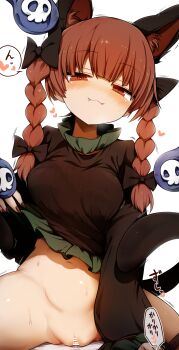 Rule 34 | 1boy, 1girl, absurdres, animal ears, bar censor, black bow, bottomless, bow, braid, breasts, cat ears, cat girl, censored, clothes lift, dress, dress lift, extra ears, fangs, girl on top, hagure kedama, hair bow, heart, heart-shaped pupils, hetero, highres, kaenbyou rin, lifting own clothes, looking at viewer, medium breasts, navel, pussy, red eyes, red hair, simple background, smile, symbol-shaped pupils, touhou, twin braids, white background