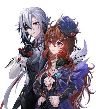 2girls absurdres arlecchino_(genshin_impact) arm_behind_another's_back artist_self-insert black_gloves blue_dress blue_eyes closed_mouth collared_jacket commentary commission couple dress english_commentary flower frilled_sleeves frills from_side genshin_impact gloves grey_hair grey_jacket grey_vest hair_between_eyes hair_ornament hairclip hand_up hat head_tilt highres holding holding_flower inaterayukiha index_finger_raised jacket jewelry leaning_on_person leaning_to_the_side light_blush light_smile long_hair long_sleeves looking_down looking_to_the_side looking_up mixed-language_commentary multicolored_hair multiple_girls oc_x_canon original own_hands_together parted_lips pink_lips red_flower red_pupils red_rose ring rose simple_background standing streaked_hair suit_jacket symbol-shaped_pupils upper_body vest vision_(genshin_impact) wavy_hair white_background x-shaped_pupils x_x yuri