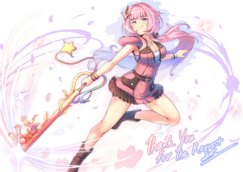 1girl alternate_costume baseball_bat bilingual_commentary blue_eyes boots breasts brown_boots cat_with_a_brush commentary commission dress elf elysia_(honkai_impact) elysia_(miss_pink_elf)_(honkai_impact) english_commentary english_text gradient_hair hair_ornament holding holding_baseball_bat honkai_(series) honkai_impact_3rd large_breasts long_hair mixed-language_commentary multicolored_hair pink_dress pink_hair pointy_ears purple_hair smile solo thighs very_long_hair vgen_commission