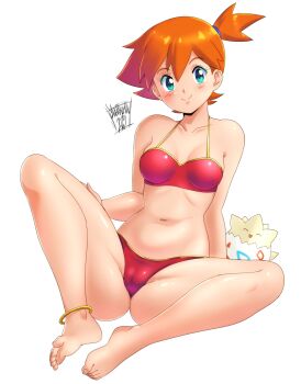 Rule 34 | 1girl, anklet, aqua eyes, barefoot, bikini, blush, breasts, cameltoe, closed mouth, danmakuman, full body, gen 2 pokemon, hand on own thigh, highres, jewelry, looking at viewer, medium breasts, misty (pokemon), navel, nintendo, orange hair, pokemon, pokemon (anime), pokemon (classic anime), pokemon (creature), red bikini, short hair, signature, simple background, smile, soles, solo, stomach, swimsuit, toes, togepi, white background