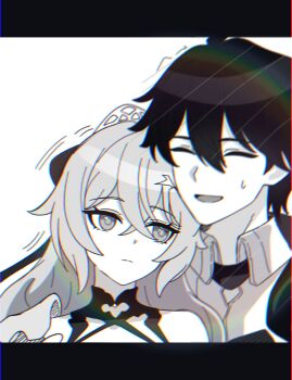 1boy 1girl adam_(honkai_impact) bronya_zaychik bronya_zaychik_(silverwing:_n-ex) closed_eyes closed_mouth commentary greyscale hetero highres honkai_(series) honkai_impact_3rd long_hair mini2chainz monochrome open_mouth short_hair symbol-only_commentary upper_body