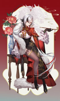 1girl absurdres alternate_costume arlecchino_(genshin_impact) arm_support black_boots black_gloves black_hair black_streaks black_thighhighs boots bracelet breasts china_dress chinese_clothes chinese_knot cleavage commentary crossed_bangs dragon dress eastern_dragon flower flower_knot full_body fur_shawl genshin_impact gloves hair_between_eyes highres holding jade_bracelet jewelry kiseru large_breasts long_dress long_hair long_sleeves looking_at_viewer multicolored_hair on_table pankou red_flower red_shrug red_streaks ring shawl shrug_(clothing) sitting smile smoking_pipe solo streaked_hair symbol-shaped_pupils table tassel thighhighs vase white_hair x-shaped_pupils yolanda
