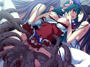 2000s_(style) 3girls ahoge ayahime_kurumi black_hair blue_eyes blue_hair blush bow breast_sucking breasts breasts_out censored clothed_female_nude_female clothed_sex clothes_lift clothes_pull double_penetration dress dress_lift dress_pull fff_threesome game_asset grabbing_another's_breast green_hair groping group_sex hair_bow hair_ribbon large_breasts lemmtear_theta long_hair lying magical_girl mahou_senshi_(series) mahou_senshi_lemmtear_knights mosaic_censoring multiple_girls night nipples no_panties non-web_source nude official_art open_mouth outdoors purple_eyes purple_hair rape ribbon saitou_natsuki self-datamine skirt skirt_lift slime_(substance) spread_legs sweat teamwork tentacle_sex tentacles thighhighs threesome tongue tongue_out vaginal variant_set very_long_hair visual_novel_cg white_thighhighs yuri