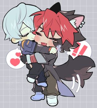 ! !! 2boys animal_ear_fluff animal_ears bandaged_arm bandages black_gloves black_hair black_jacket black_pants black_shirt blue_jacket checkered_background chibi chibi_only closed_eyes closed_mouth commentary_request crossed_bangs dog_boy dog_ears dog_tail fang fingerless_gloves full_body gloves gogogalar green_pants grey_background grey_hair hair_between_eyes heart highres hug hug_carry jacket komano_manato layered_sleeves long_sleeves male_focus motion_lines multicolored_hair multiple_boys open_mouth pants red_bandage red_hair scar scar_across_eye scar_on_face shirt shoes short_hair short_over_long_sleeves short_sleeves spoken_exclamation_mark spoken_heart tail watermark white_shoes wise_(zenless_zone_zero) yaoi zenless_zone_zero