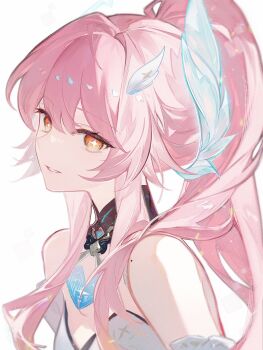 Rule 34 | 1girl, aemeath (wuthering waves), ahoge, bare shoulders, breasts, commentary, hair intakes, hair ornament, highres, long hair, looking at viewer, medium breasts, mole, mole on shoulder, orange eyes, parted lips, pink hair, ponytail, qianqianjie, simple background, smile, solo, star-shaped pupils, star (symbol), symbol-shaped pupils, tacet mark (wuthering waves), untranslatable commentary, white background, wuthering waves