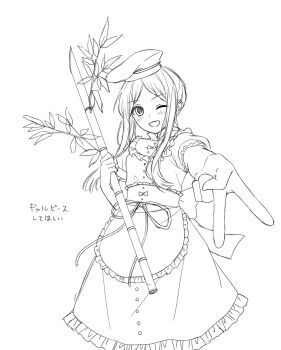 Rule 34 | 1girl, apron, back bow, bamboo, bow, commentary request, dress, greyscale, hat, highres, long hair, looking at viewer, mochigumo, monochrome, one eye closed, open mouth, puffy short sleeves, puffy sleeves, short hair with long locks, short sleeves, smile, solo, teireida mai, touhou, translation request, v, waist apron