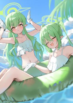 2girls absurdres arms_up beach belly bikini blue_archive commentary flat_chest frilled_bikini frills gloves green_hair green_halo halo highres hikari_(blue_archive) multiple_girls navel nozomi_(blue_archive) ocean open_mouth pointy_ears shiroyo_(shiromeahi) siblings sisters swim_ring swimsuit twins twintails white_gloves yellow_eyes
