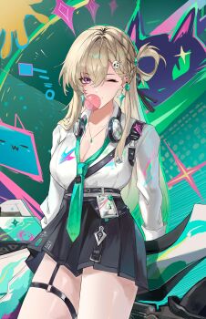 1girl a-chuang absurdres aqua_necktie black_skirt blonde_hair blowing_bubble_gum breasts chewing_gum cleavage collarbone commentary earrings grin hair_between_eyes hair_ornament headphones headphones_around_neck highres id_card jewelry large_breasts looking_at_viewer lynae_(wuthering_waves) necklace necktie one_eye_closed purple_eyes shirt shirt_tucked_in skirt skull_hair_ornament smile solo star_(symbol) star_earrings white_shirt wuthering_waves