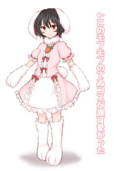 Rule 34 | 1girl, animal ears, animal hands, black hair, bow, carrot, dress, female focus, floppy ears, frills, full body, inaba tewi, kuroba rapid, looking at viewer, rabbit ears, rabbit girl, rabbit paws, rabbit tail, red eyes, smile, solo, tail, touhou, translation request