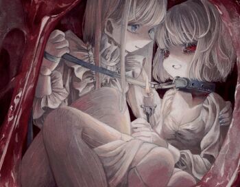 2girls animal_collar animal_ears blue_eyes breasts candle cleavage collar colored_eyelashes commentary_request dog_ears dog_girl doll_joints frills highres holding holding_leash joints leash long_hair looking_at_another monou_pico multiple_girls original red_eyes short_hair smile tears thighhighs white_hair white_thighhighs yuri